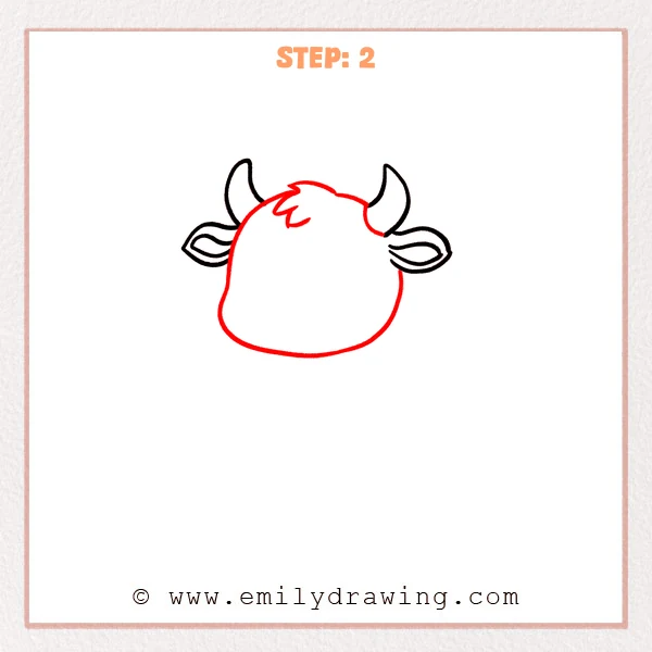 how to draw a cartoon bull - Cartoon bull drawing with a rounded head outline added, plus a small tuft of hair between the horns.
